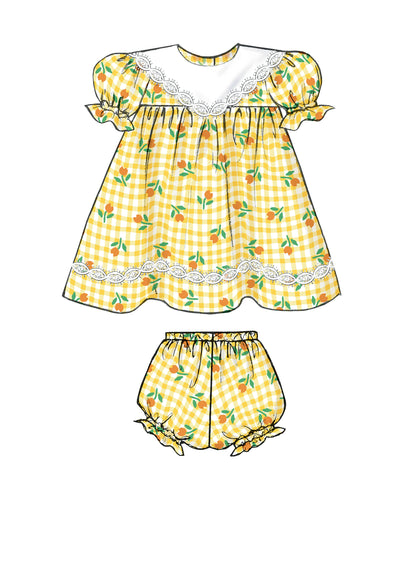 Butterick B4110 sewing pattern envelope showing the baby dress & jumpsuit designs