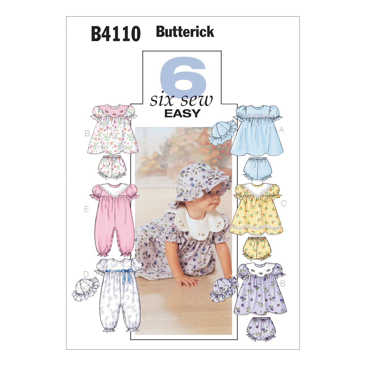 Butterick B4110 sewing pattern envelope showing the baby dress & jumpsuit designs