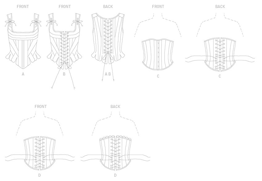 Butterick B4254 sewing pattern envelope showing the corset & stays costume designs