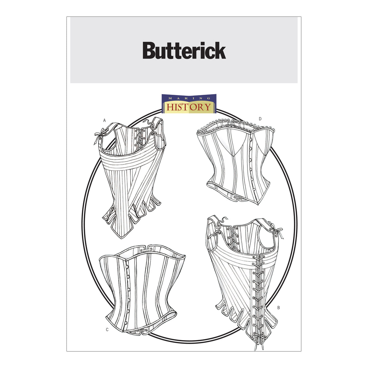 Butterick B4254 sewing pattern envelope showing the corset & stays costume designs