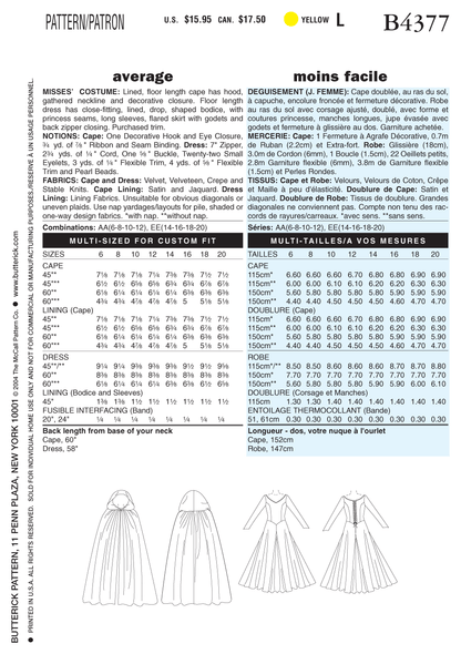 Butterick B4377 sewing pattern envelope showing the hooded cape costume designs