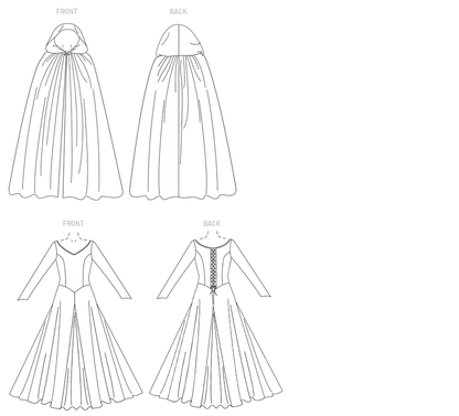 Butterick B4377 sewing pattern envelope showing the hooded cape costume designs