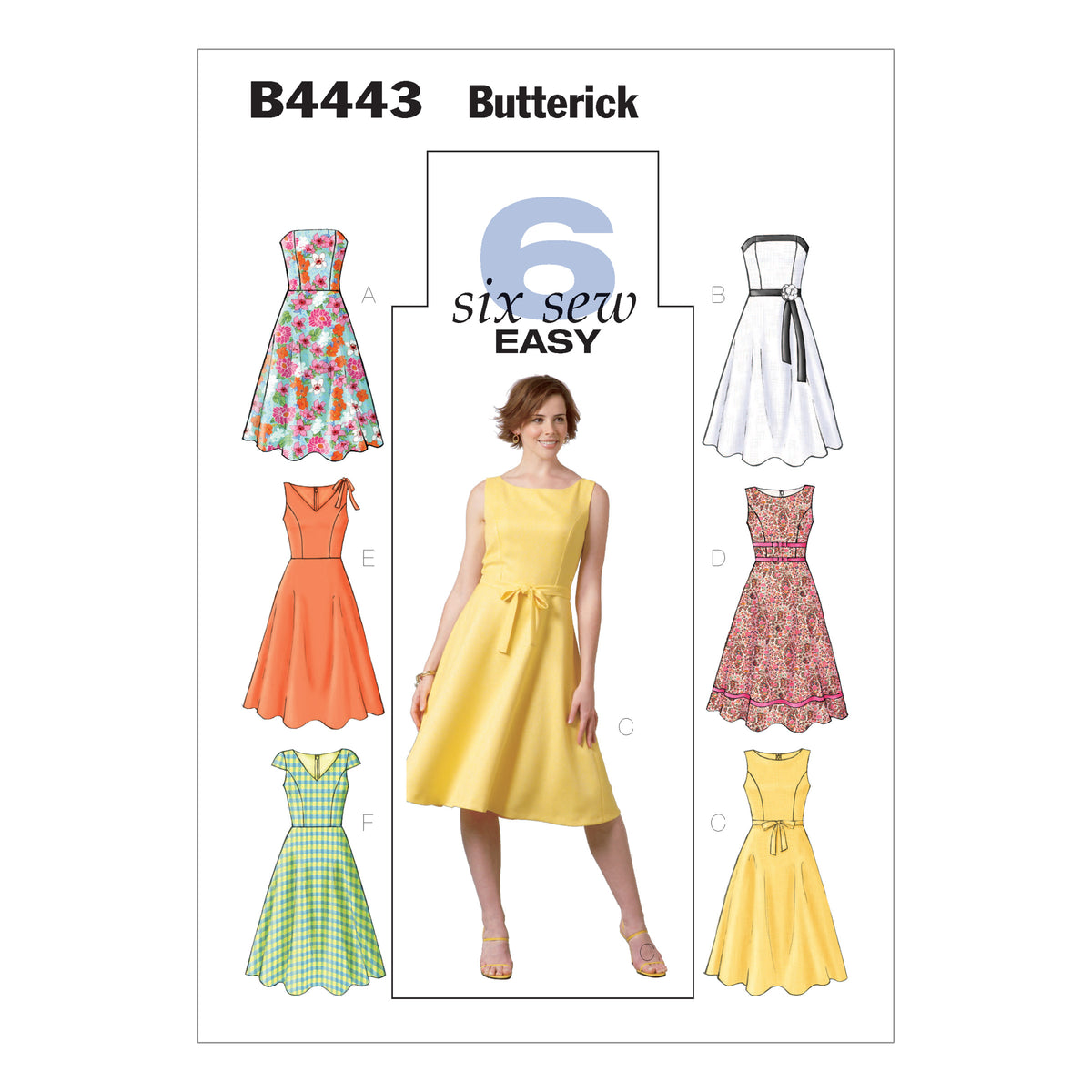 Butterick B4443 sewing pattern envelope showing the fitted bodice dress designs