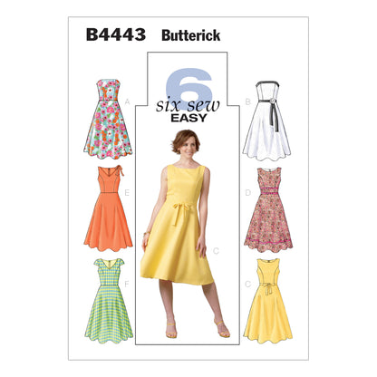 Butterick B4443 sewing pattern envelope showing the fitted bodice dress designs