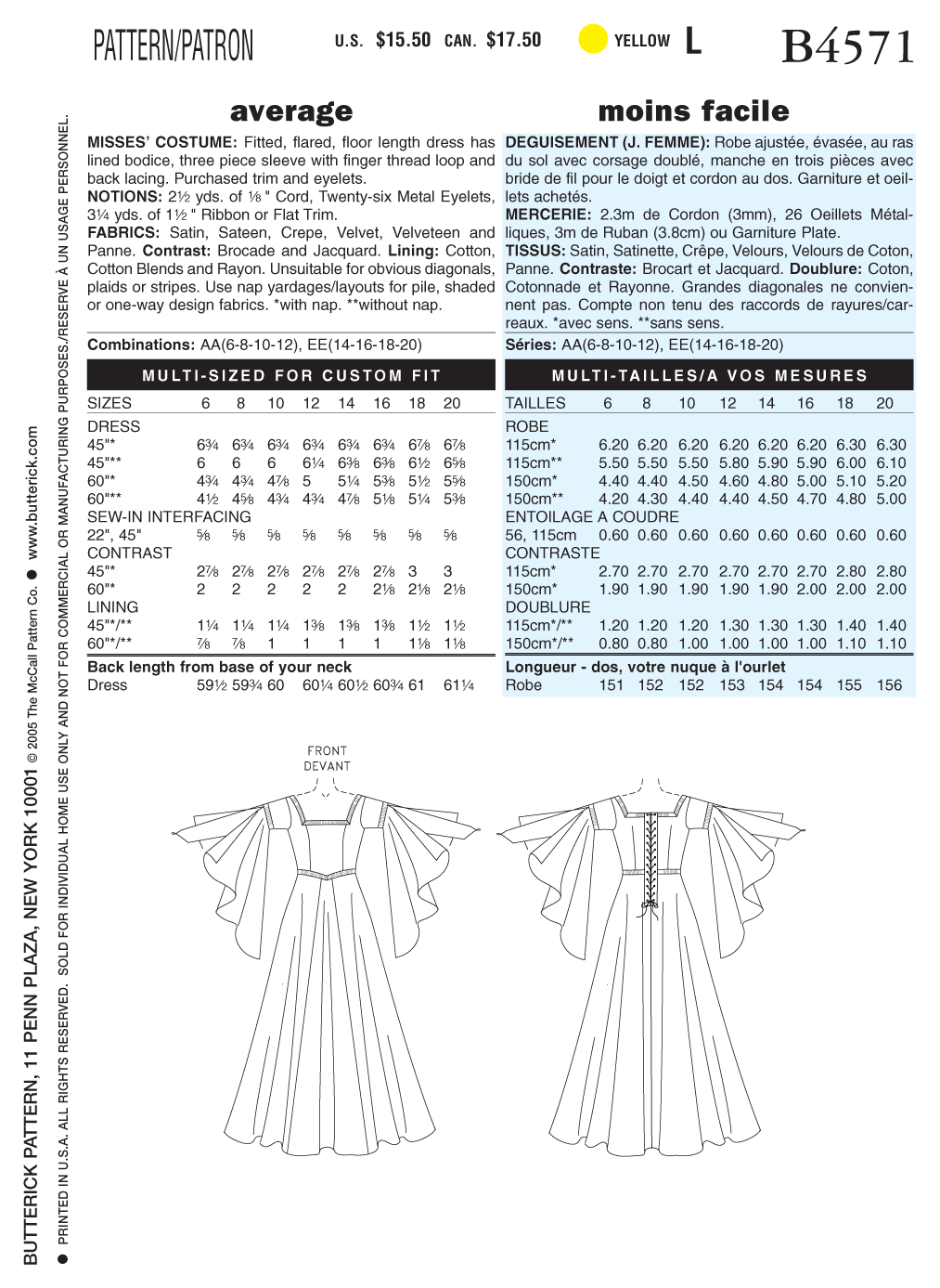 Butterick B4571 sewing pattern envelope showing the floor-length gown costume designs