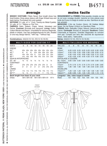 Butterick B4571 sewing pattern envelope showing the floor-length gown costume designs