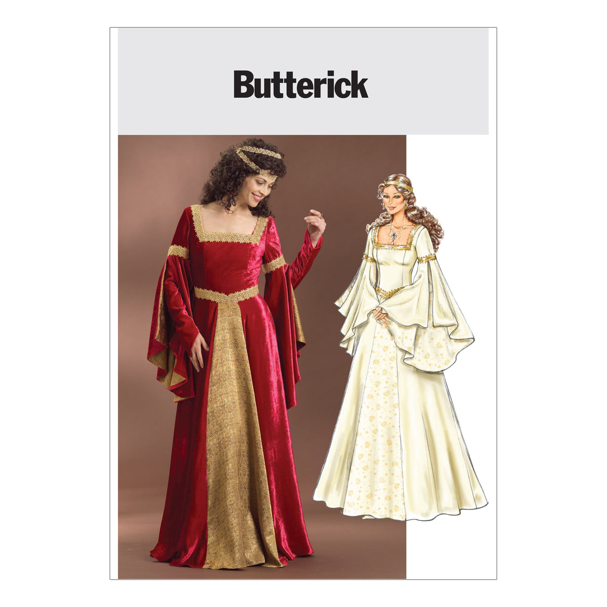 Butterick B4571 sewing pattern envelope showing the floor-length gown costume designs