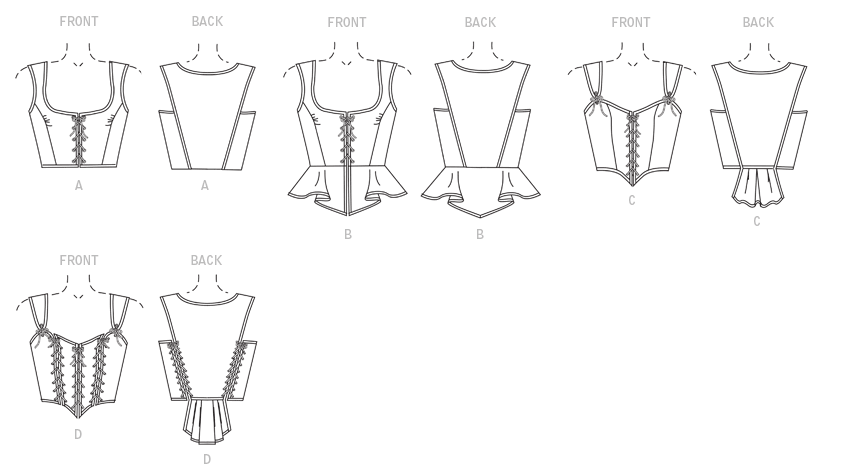 Butterick B4669 sewing pattern envelope showing the corset costume designs