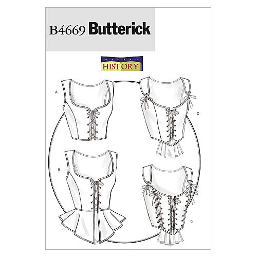 Butterick B4669 sewing pattern envelope showing the corset costume designs
