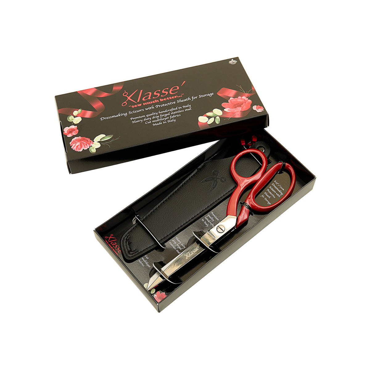 Klasse dressmaking shears with faux leather sheath in a gift box