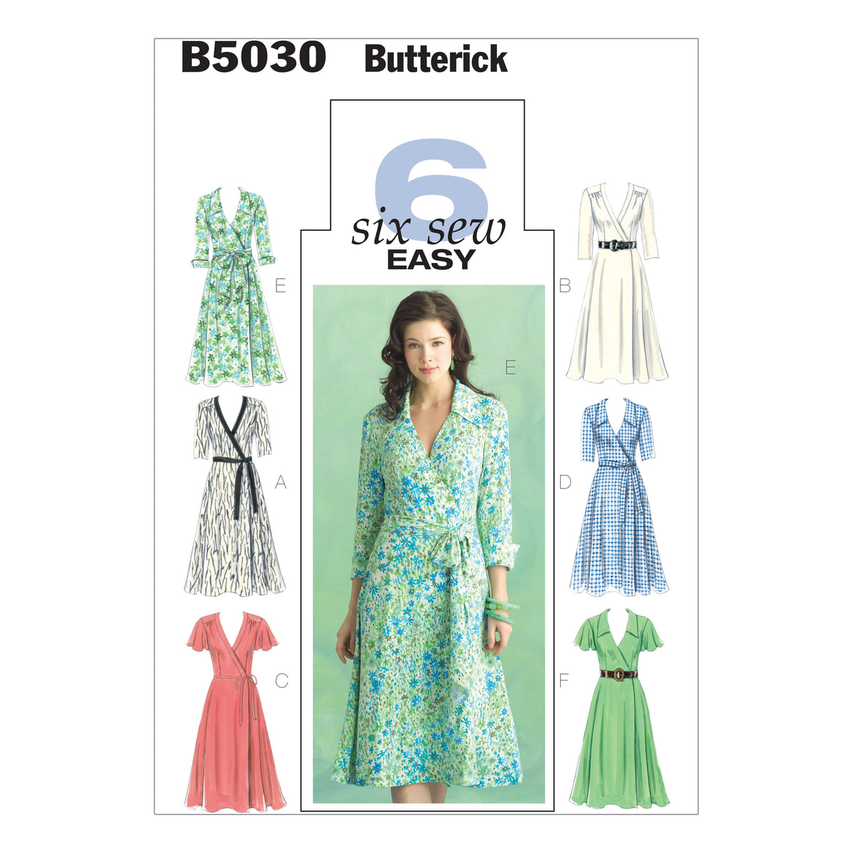 Butterick B5030 sewing pattern envelope showing the wrap dress designs