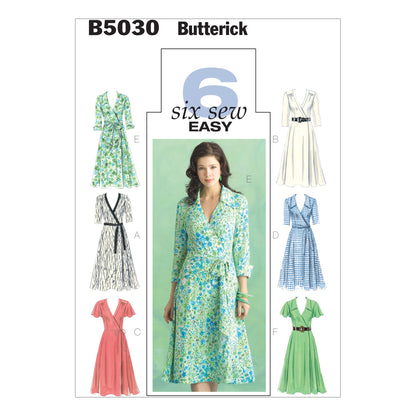 Butterick B5030 sewing pattern envelope showing the wrap dress designs