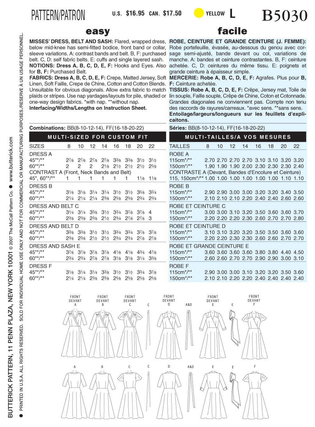 Butterick B5030 sewing pattern envelope showing the wrap dress designs