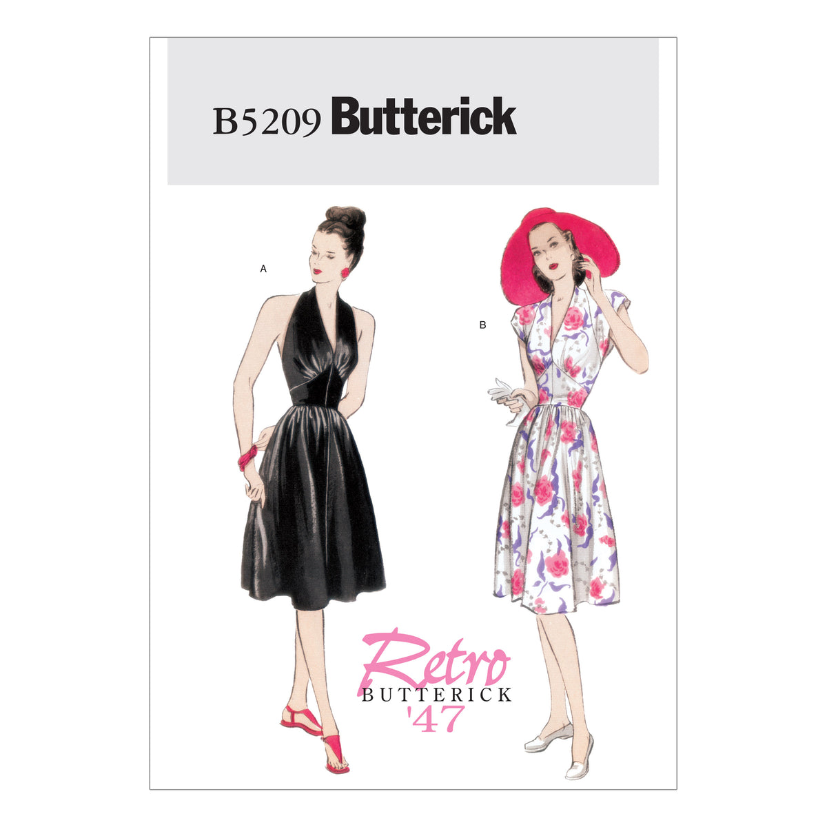 Butterick B5209 sewing pattern envelope showing the halter & cap sleeve dress designs