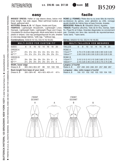 Butterick B5209 sewing pattern envelope showing the halter & cap sleeve dress designs