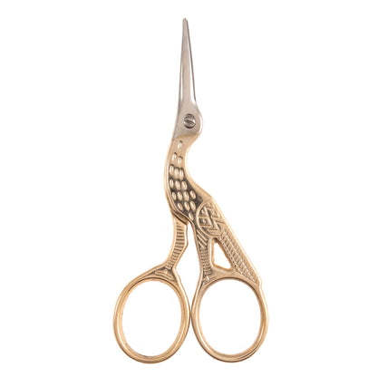 Gold coloured stork shaped embroidery scissors
