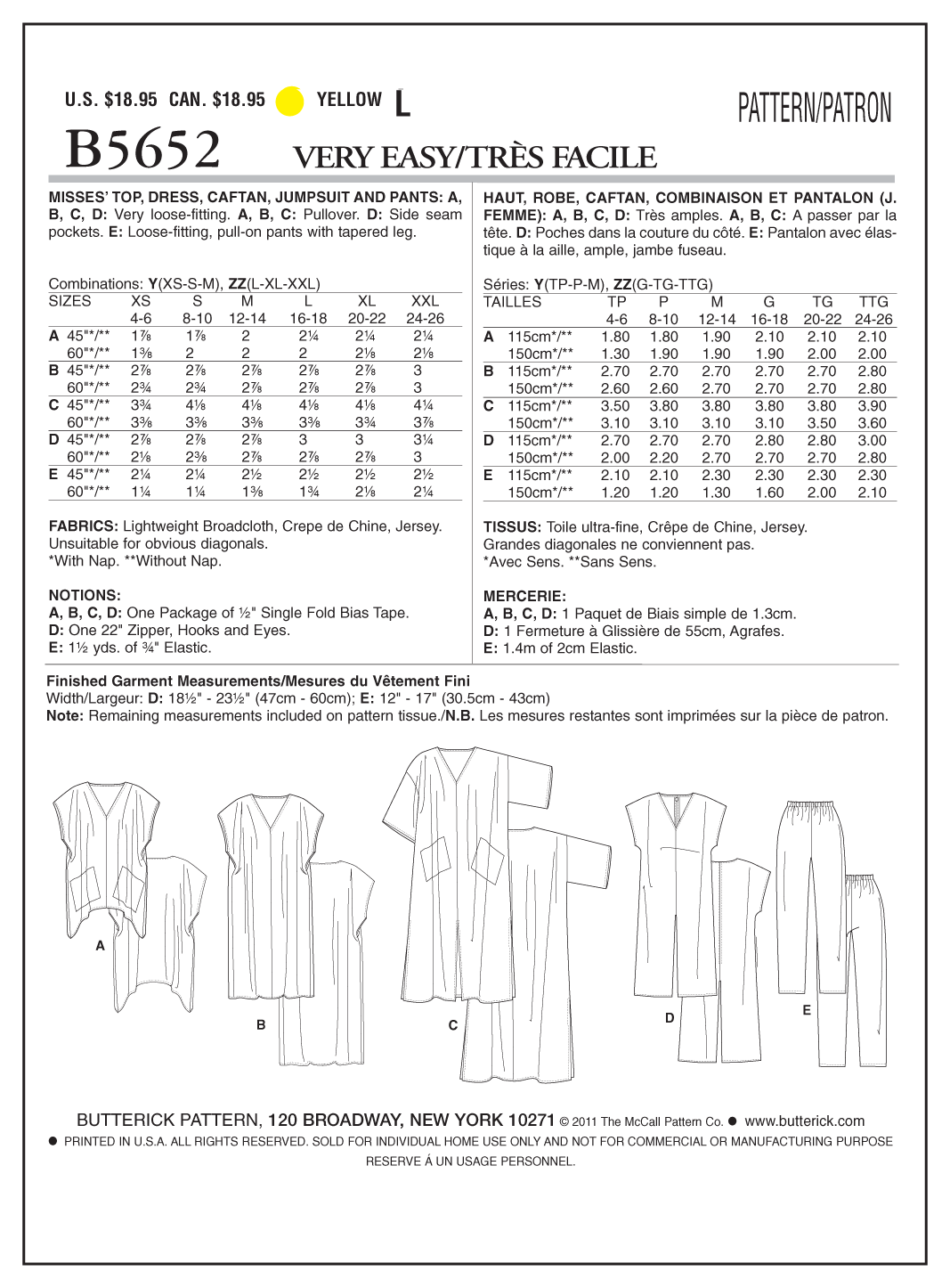 Butterick B5652 misses' sportswear sewing pattern envelope