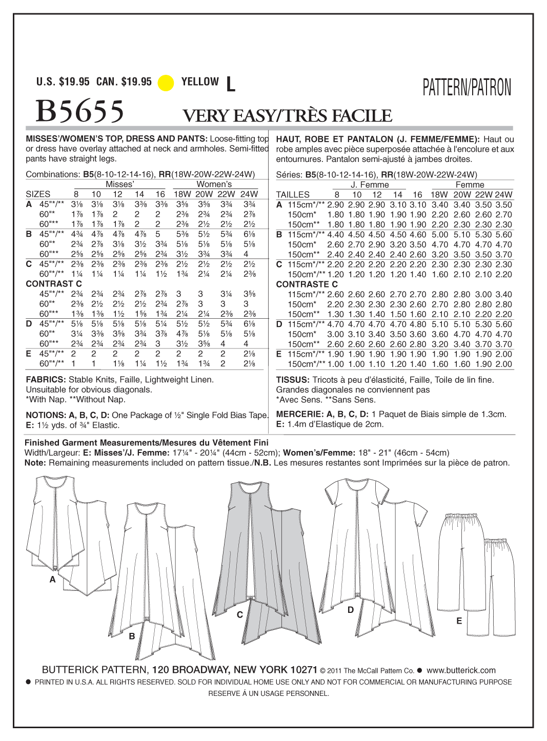 Butterick B5655 misses' top & dress sewing pattern envelope
