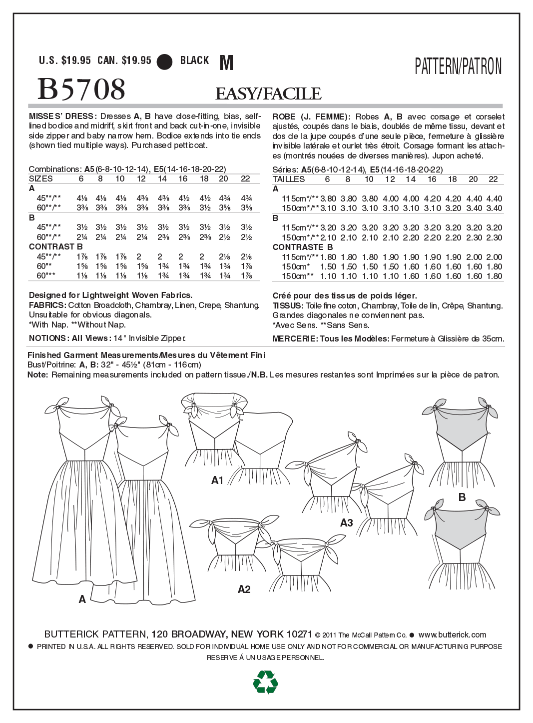 Butterick B5708 misses' dress sewing pattern envelope