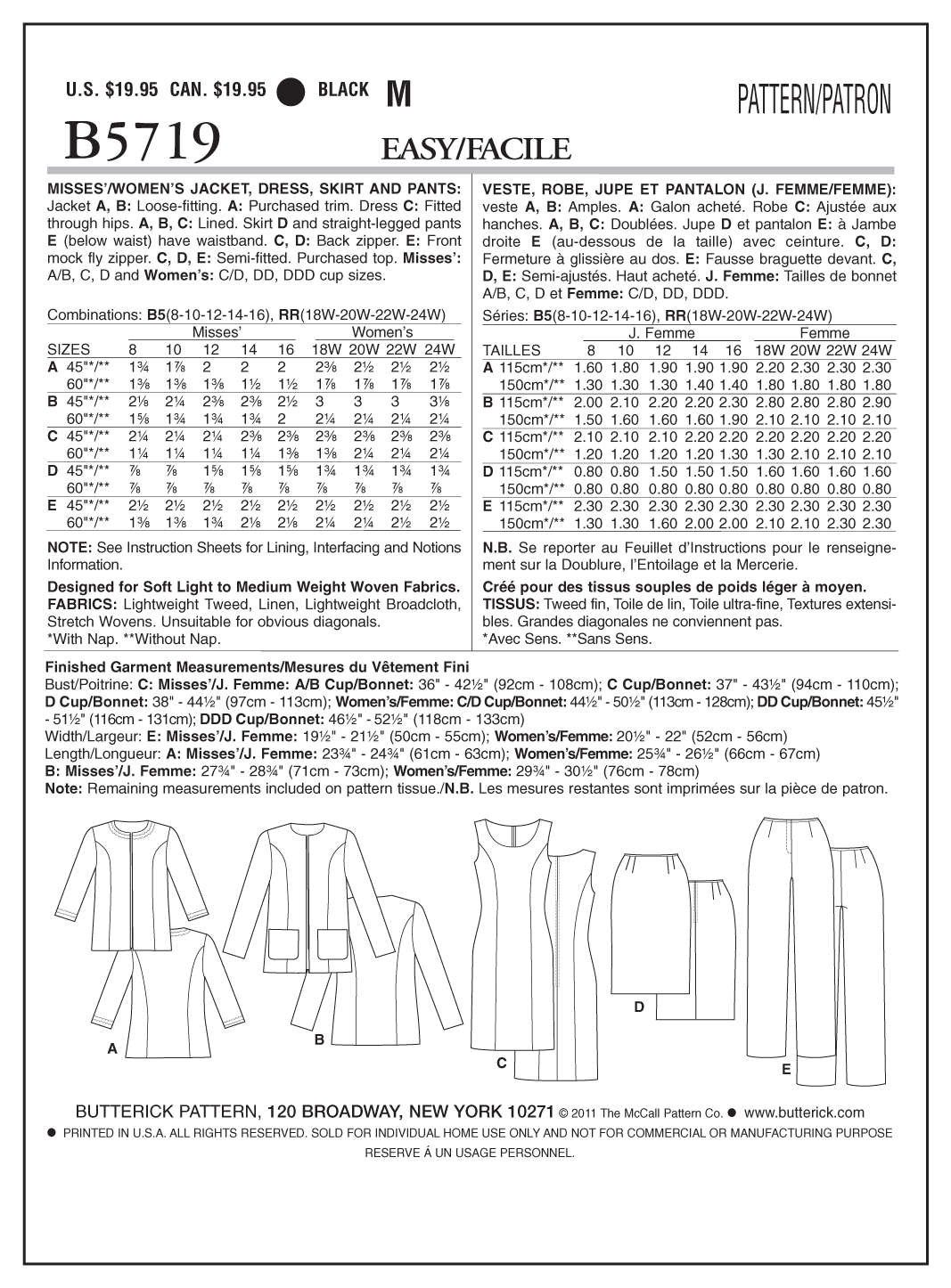 Butterick B5719 women's plus size jacket sewing pattern envelope