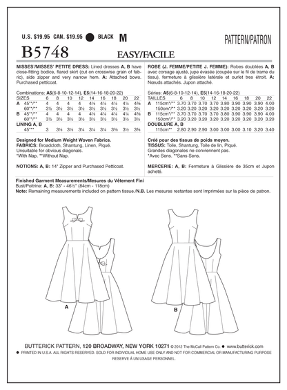 Butterick B5748 misses' lined dress sewing pattern envelope