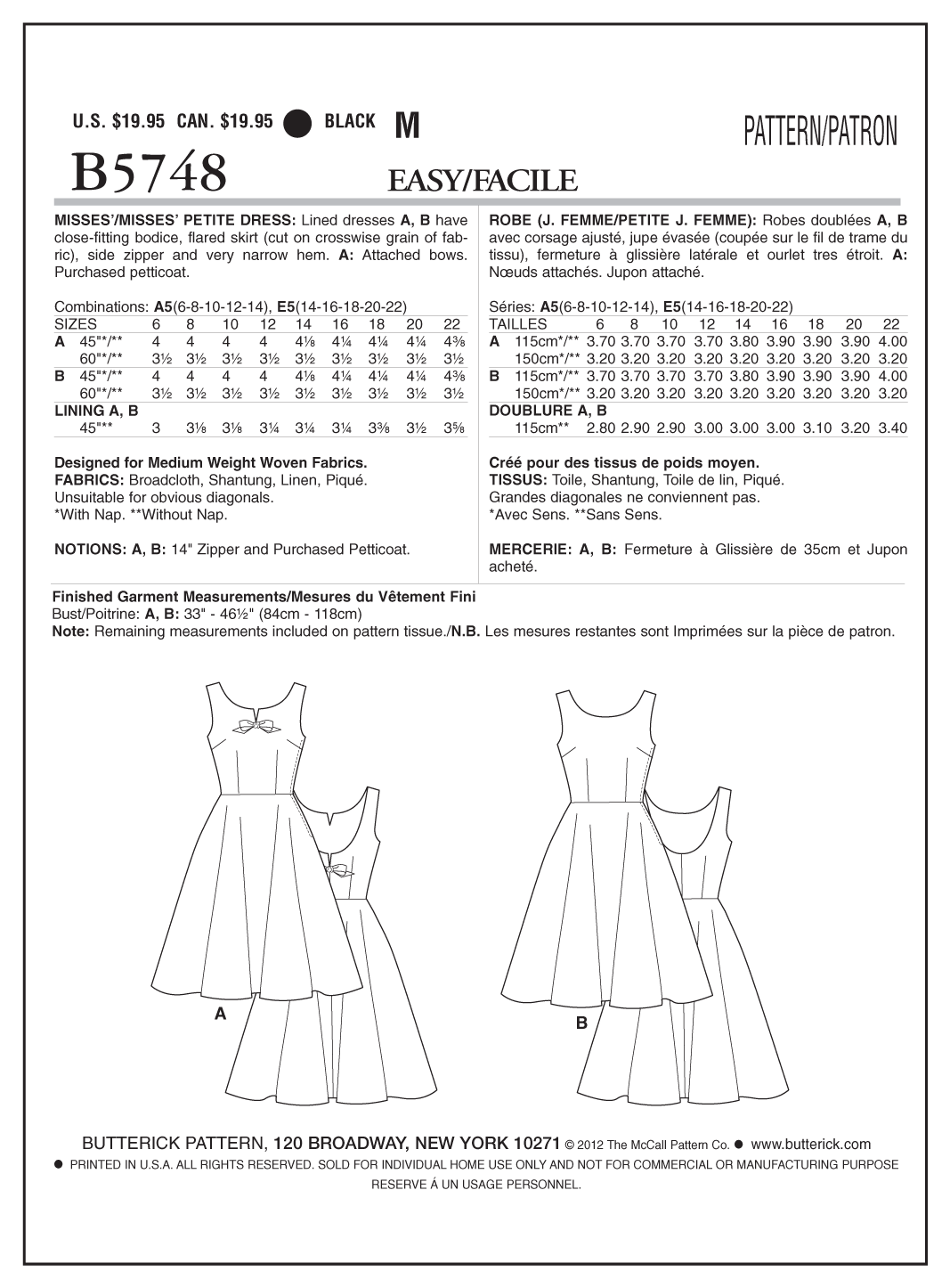 Butterick B5748 misses' lined dress sewing pattern envelope