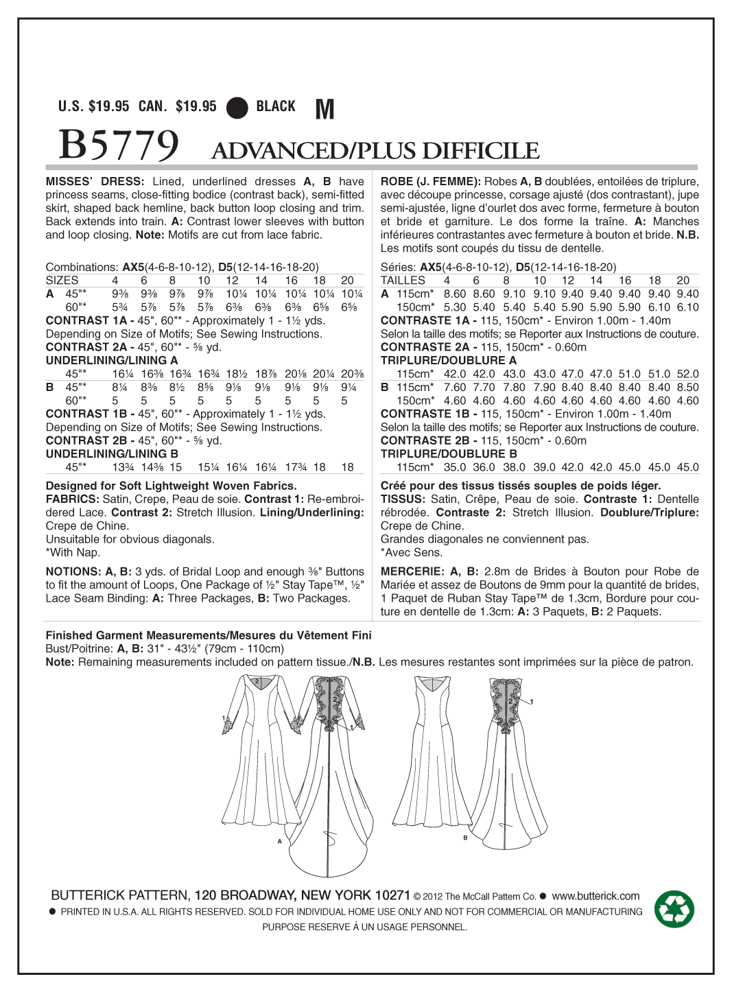 Butterick B5779 misses' special occasion dress sewing pattern envelope