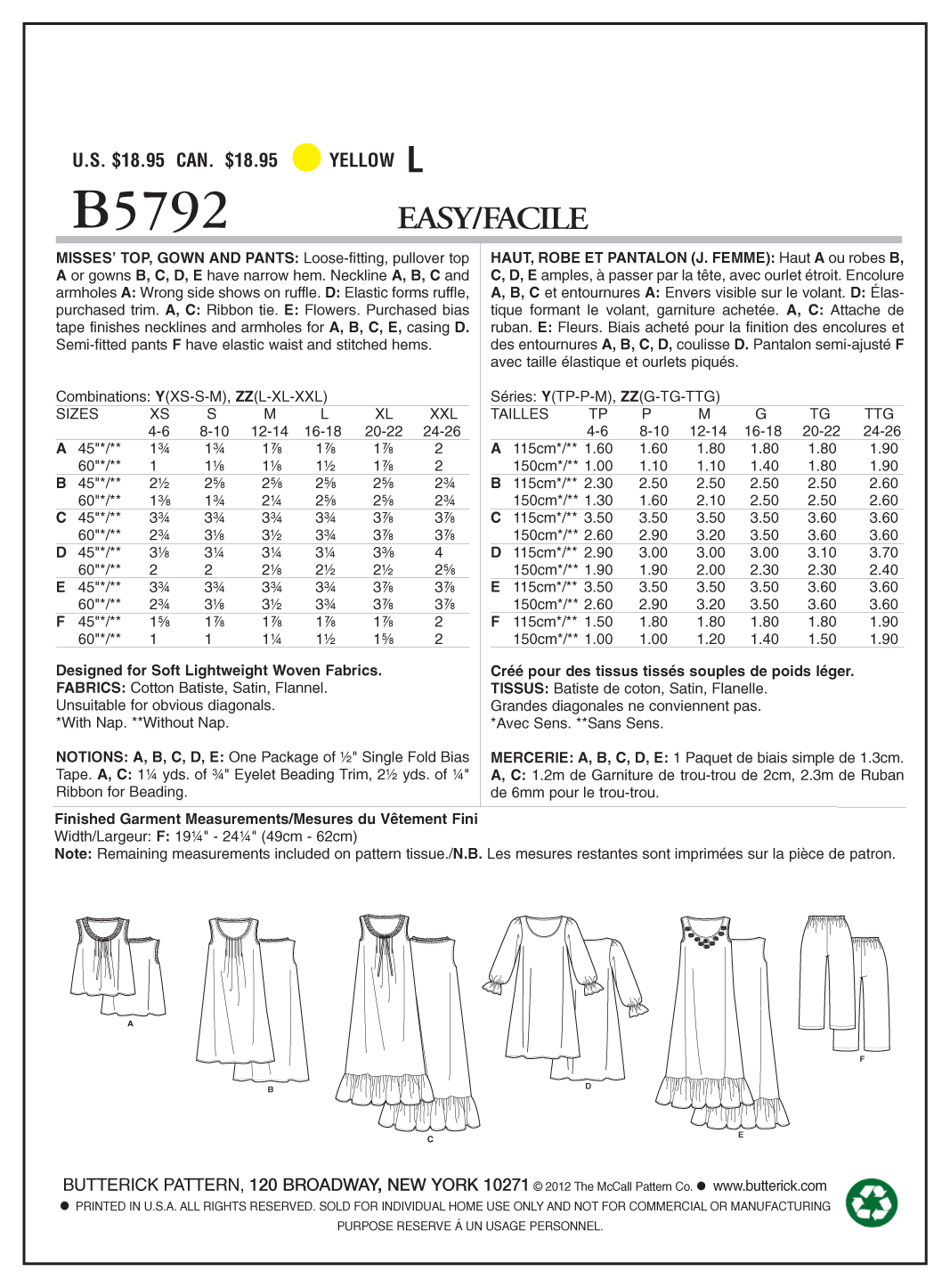 Butterick B5792 misses' nightwear top & gown sewing pattern envelope