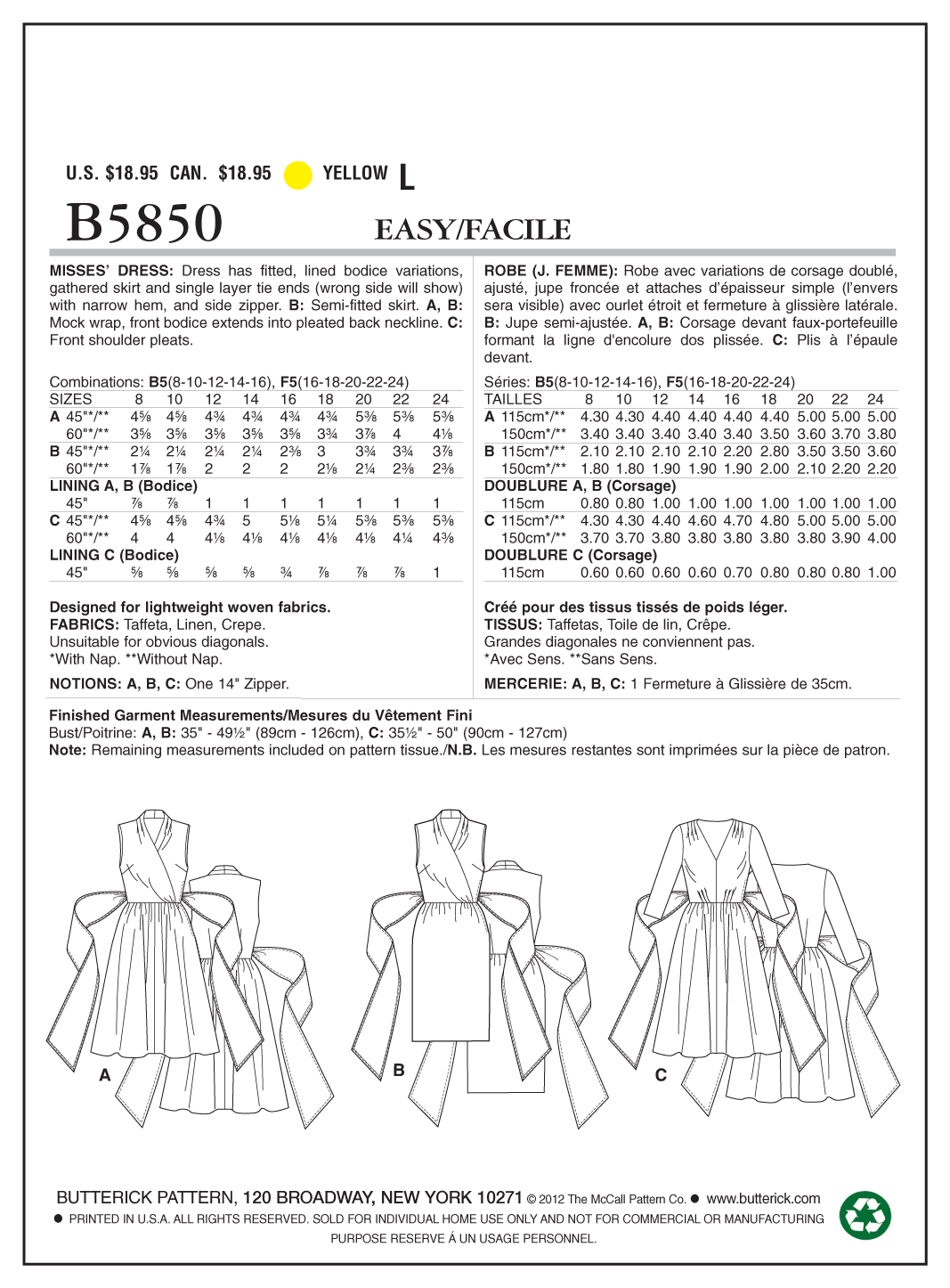Butterick B5850 misses' dress sewing pattern envelope