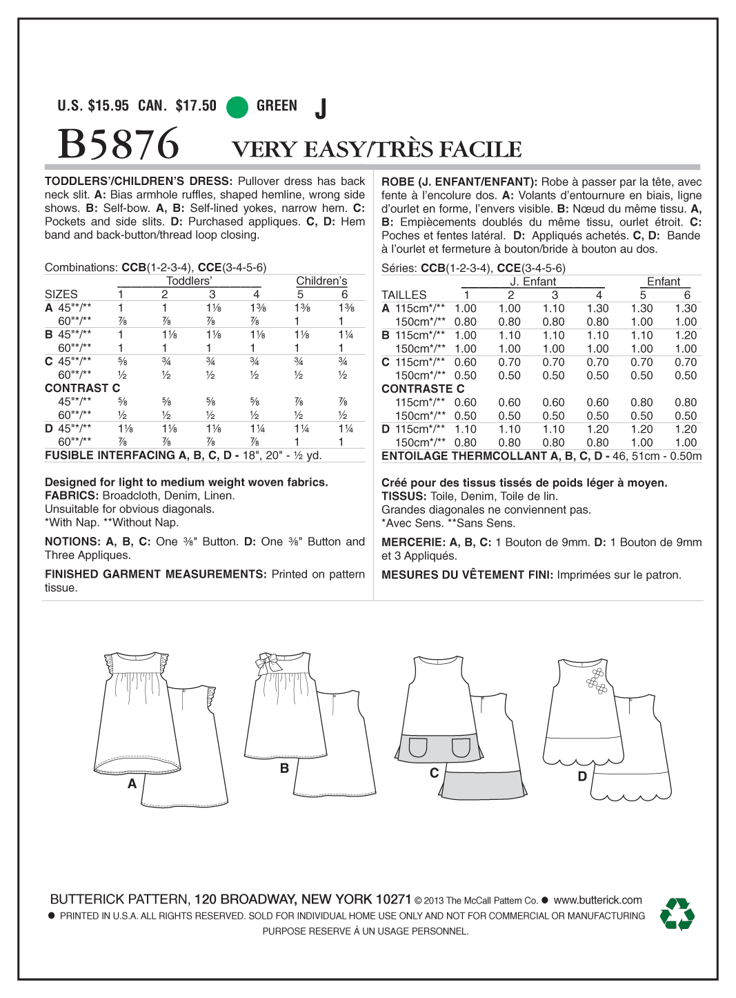 Butterick B5876 toddler dress sewing pattern envelope