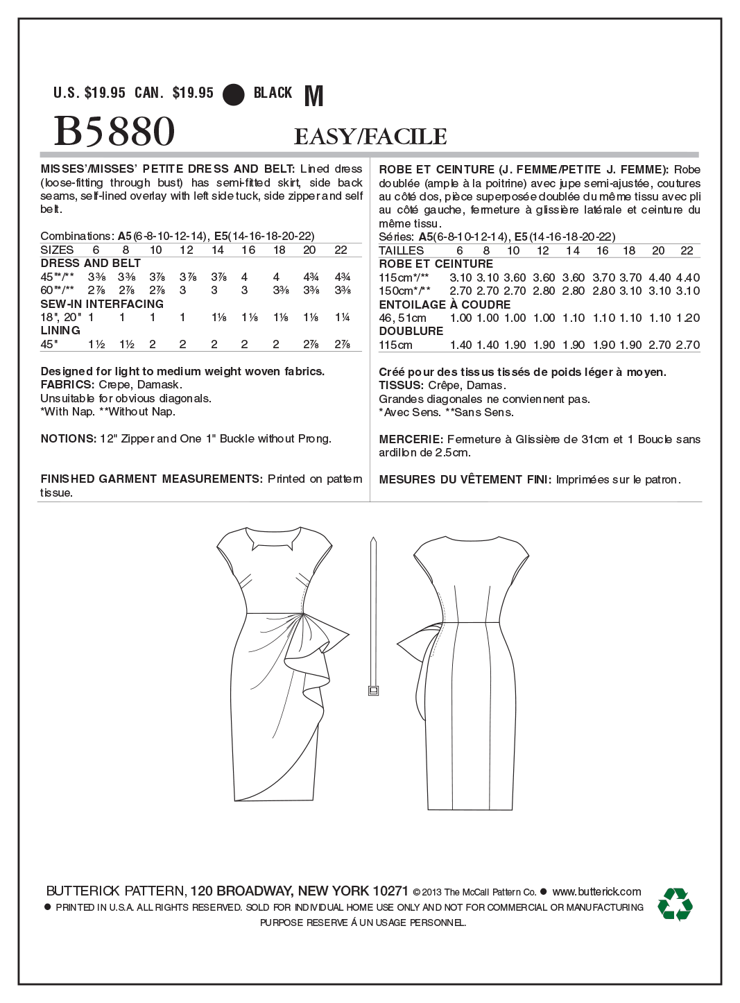 Butterick B5880 misses' lined dress sewing pattern envelope