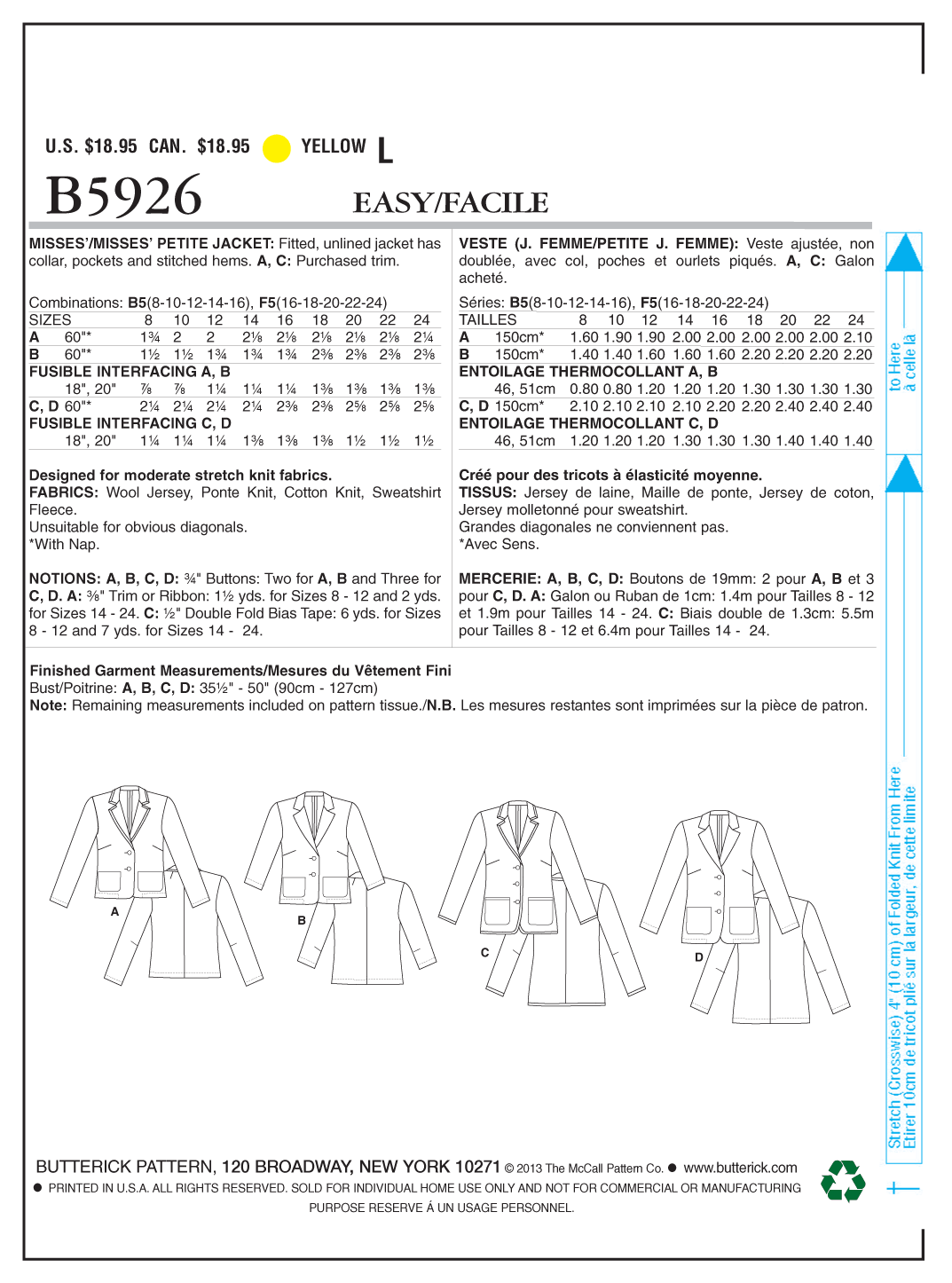 Butterick B5926 misses' jacket sewing pattern envelope