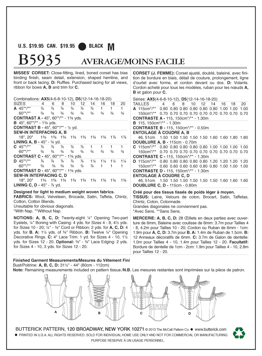 Butterick B5935 misses' corset sewing pattern envelope