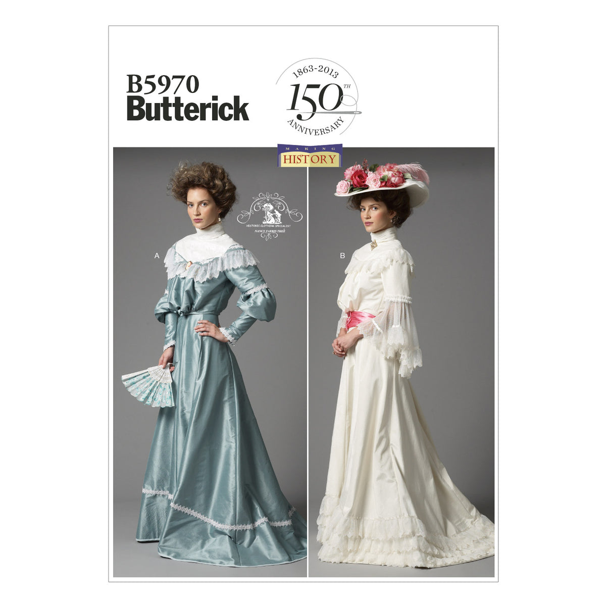 Butterick B5970 sewing pattern envelope showing boned gathered top designs
