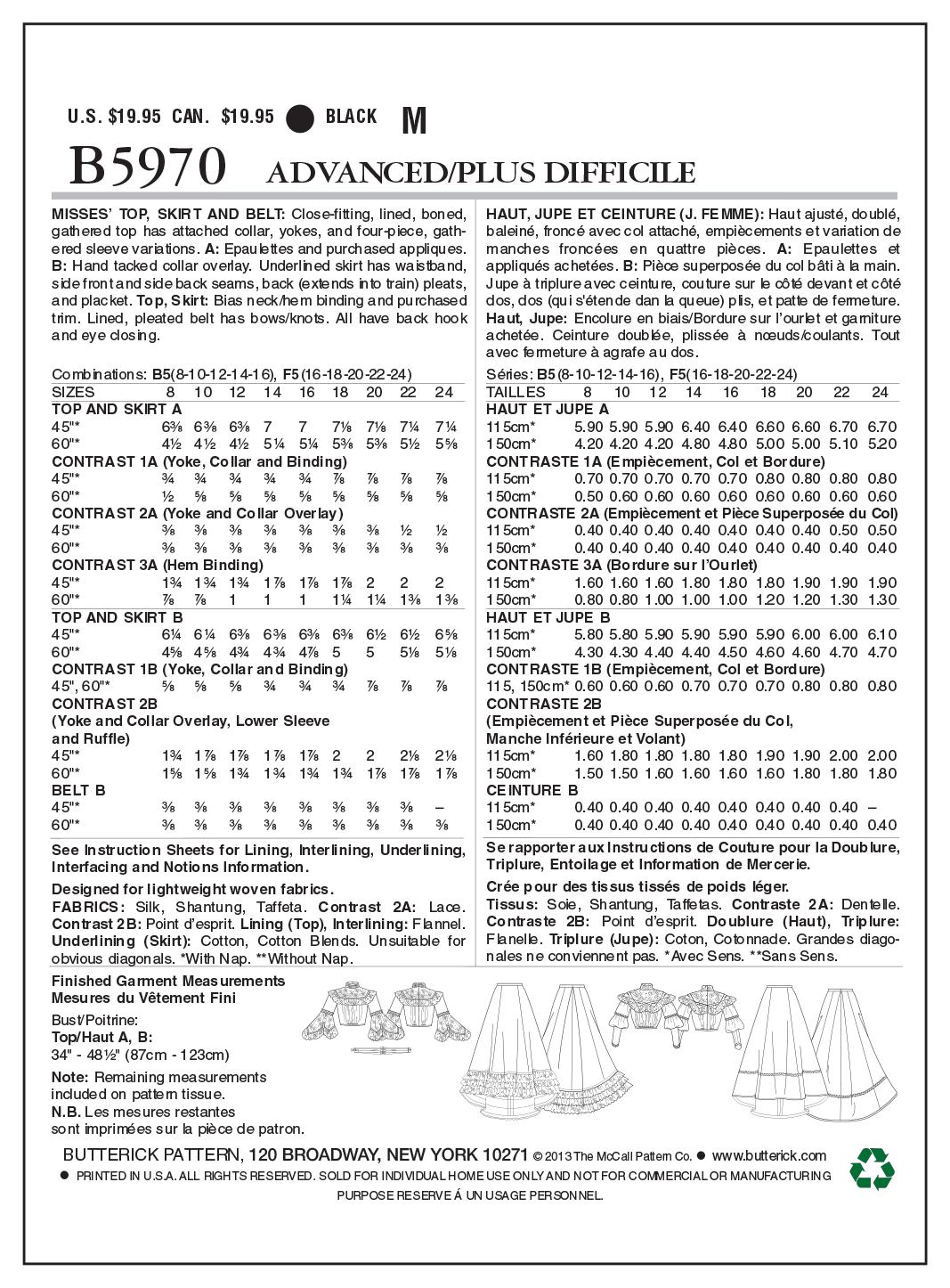 Butterick B5970 sewing pattern envelope showing boned gathered top designs