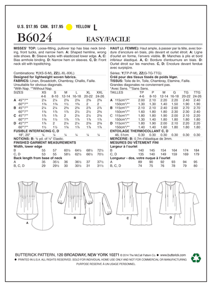 Butterick B6024 sewing pattern envelope showing pullover top designs