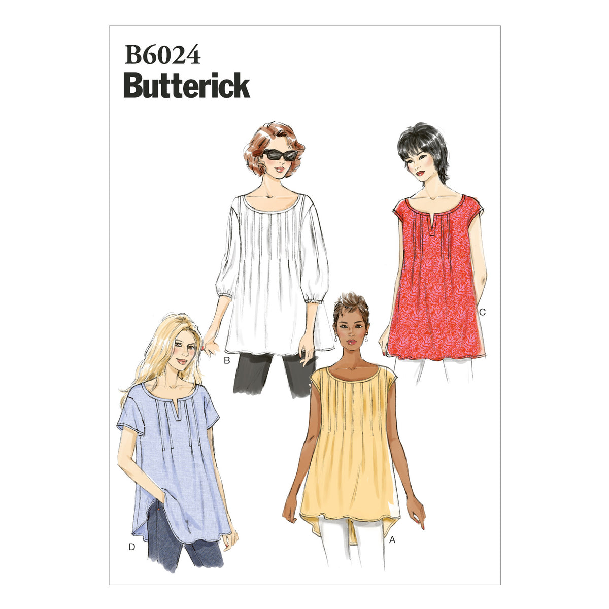 Butterick B6024 sewing pattern envelope showing pullover top designs