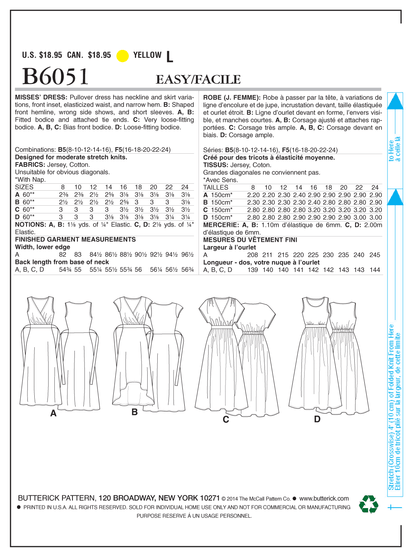 Butterick B6051 sewing pattern envelope showing pullover dress designs