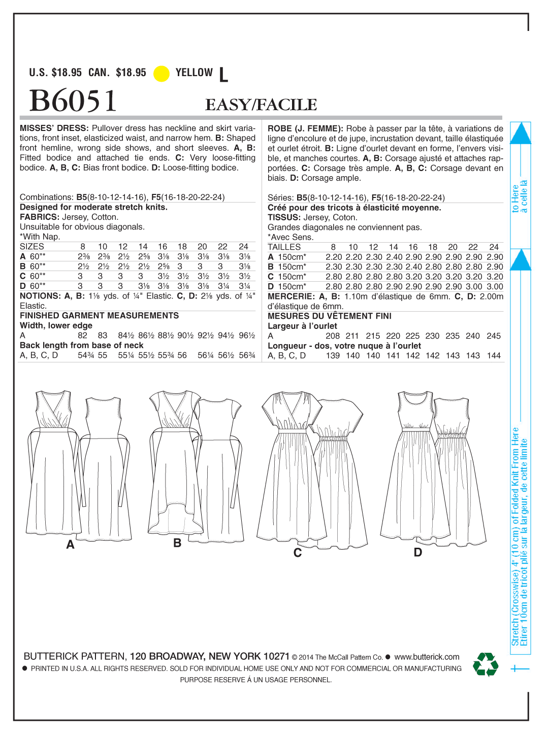 Butterick B6051 sewing pattern envelope showing pullover dress designs