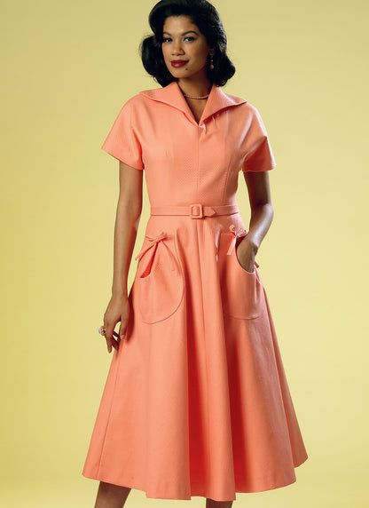 Butterick B6055 sewing pattern envelope showing belted dress designs