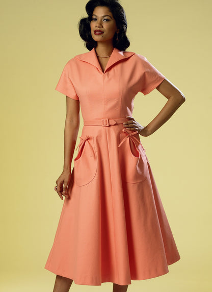 Butterick B6055 sewing pattern envelope showing belted dress designs