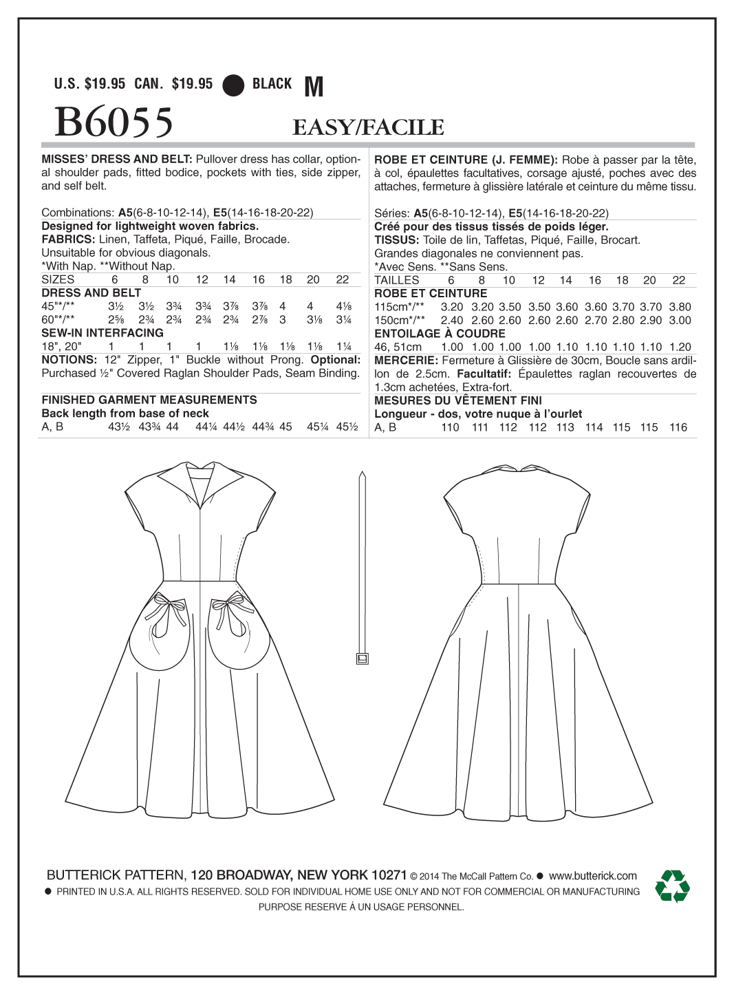Butterick B6055 sewing pattern envelope showing belted dress designs