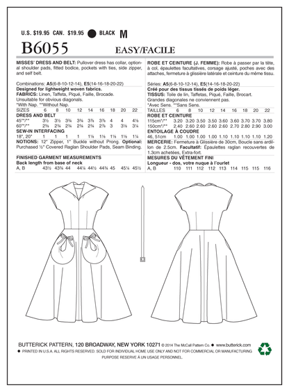 Butterick B6055 sewing pattern envelope showing belted dress designs