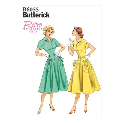 Butterick B6055 sewing pattern envelope showing belted dress designs