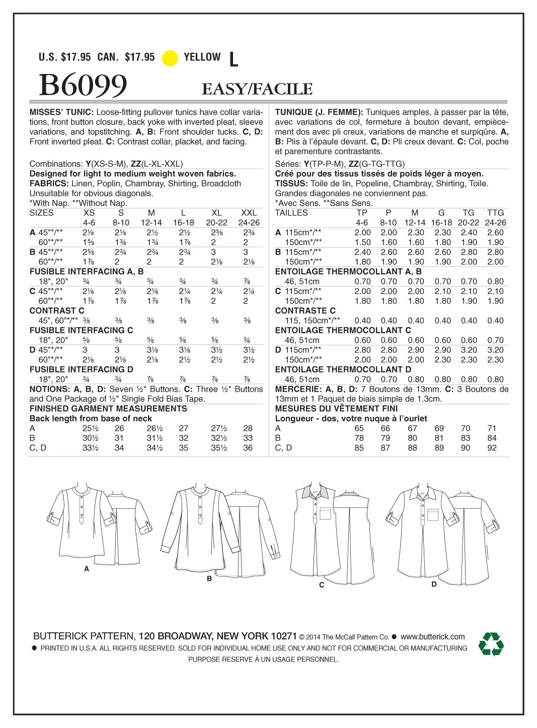 Butterick B6099 sewing pattern envelope showing tunic top designs
