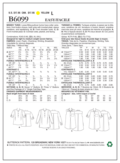 Butterick B6099 sewing pattern envelope showing tunic top designs