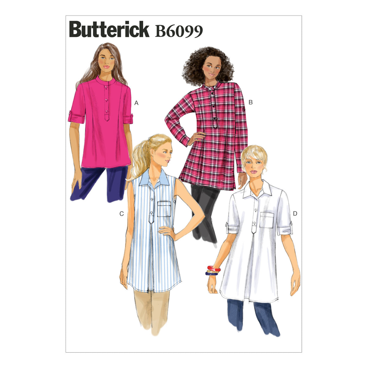 Butterick B6099 sewing pattern envelope showing tunic top designs