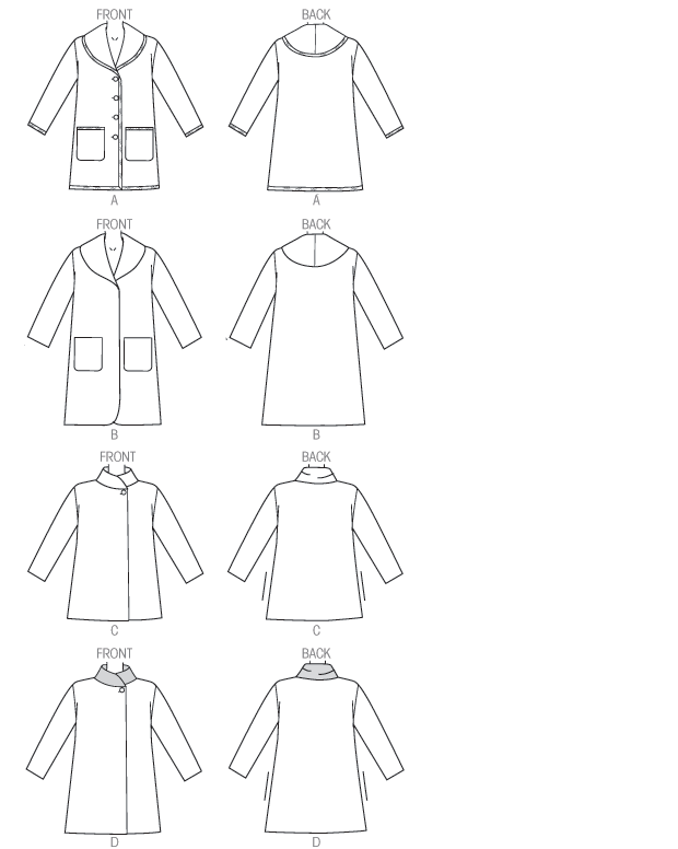 Butterick B6107 sewing pattern envelope showing unlined coat designs