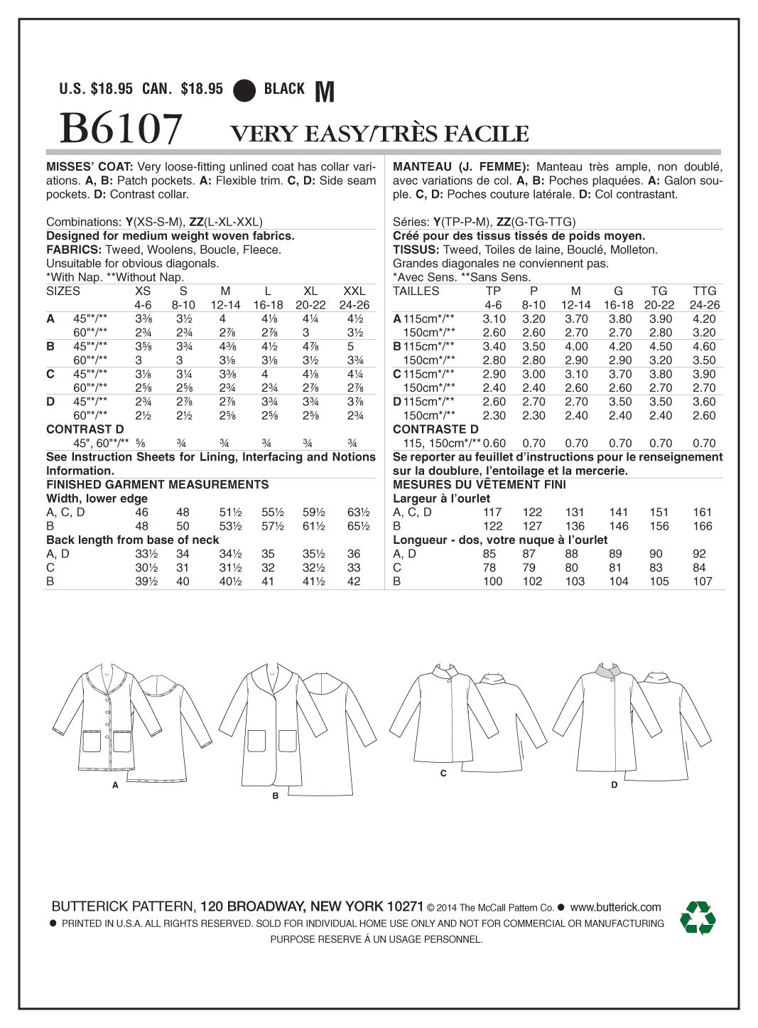 Butterick B6107 sewing pattern envelope showing unlined coat designs