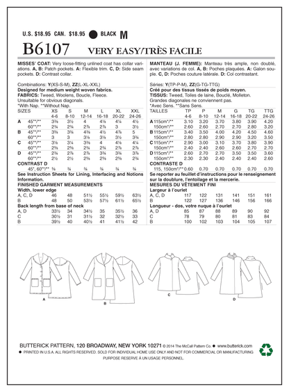 Butterick B6107 sewing pattern envelope showing unlined coat designs